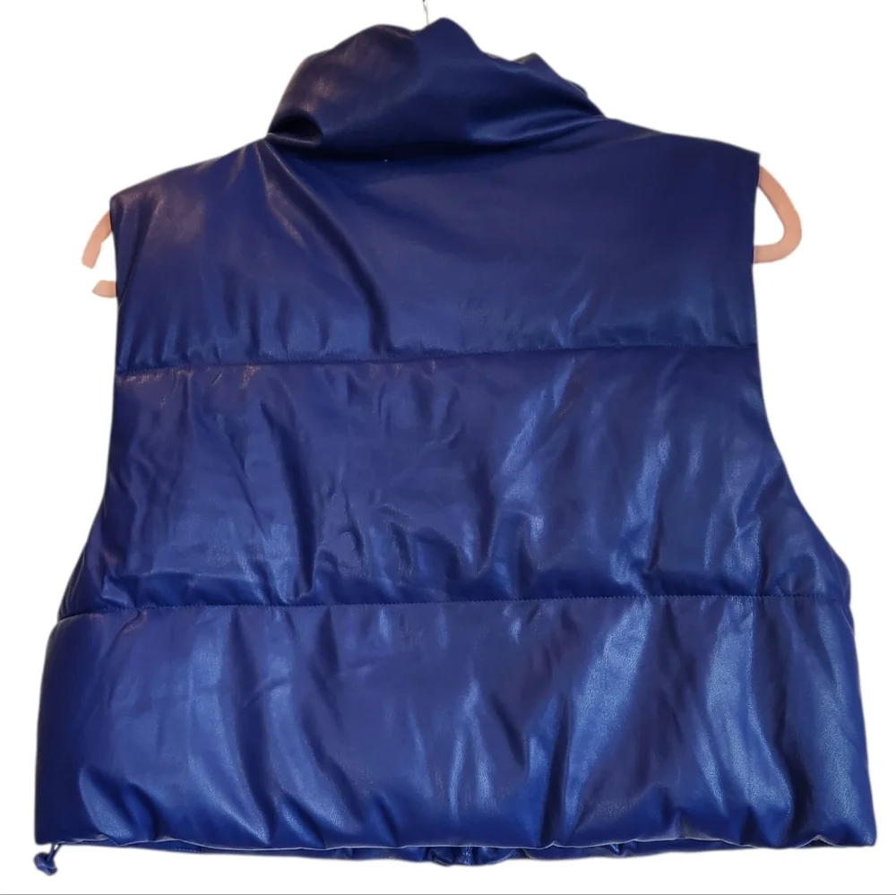 Love Tree Royal Blue Cropped Puffer Vest Vegan Leather Size M Snap Front Mock